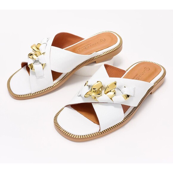 New Womens Unity.In. Diversity Leather Chain Slide Sandals Talia White Gold 10 - Picture 1 of 12